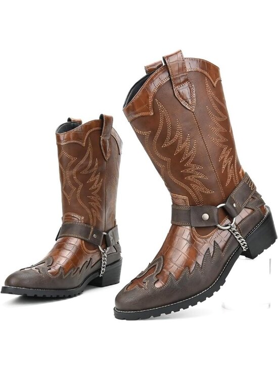 Men\'s Brown Faux Leather Fashionable Metal Chain Design Western Cowboy Boots main image 5